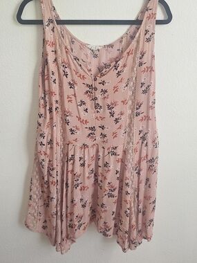 Easel Coral Floral Lace-Trim Sleeveless Tunic